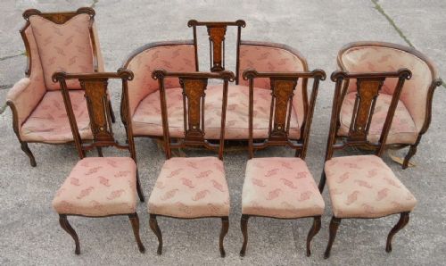 Edwardian Inlaid Mahogany Seven Piece Drawing Room Suite for Re-upholstery