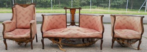 fig 1. Edwardian Inlaid Mahogany Seven Piece Drawing Room Suite for Re-upholstery