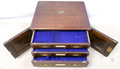 Edwardian Quality Oak & Brass Cutlery Storage Box Cabinet