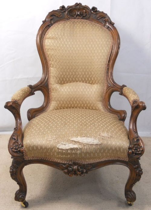 Victorian Carved Walnut Open Arm Fireside Armchair