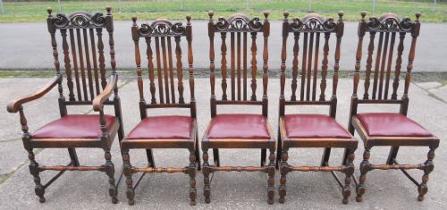 Set of Five Jacobean Style Oak Highback Dining Chairs