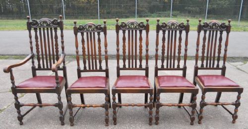 fig 1. Set of Five Jacobean Style Oak Highback Dining Chairs