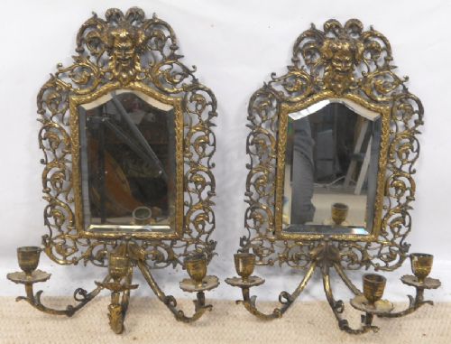 Pair Brass Framed Hanging Wall Mirrors