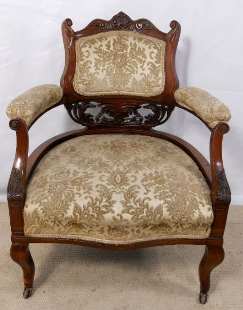 Edwardian Carved Walnut Upholstered Tub Armchair