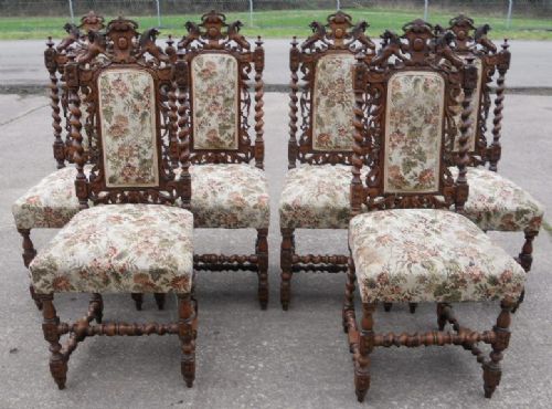 Set of Six Victorian Carved Oak Highback Dining Chairs