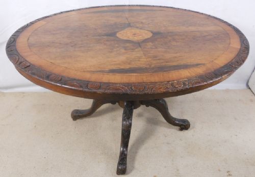 Victorian Oval Inlaid Walnut Pedestal Centre Table