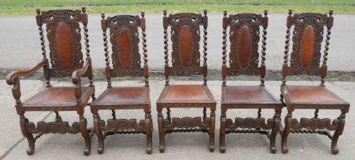 Set of Five Victorian Heavily Carved Oak Dining Chairs