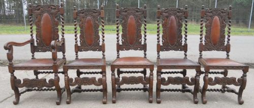 fig 1. Set of Five Victorian Heavily Carved Oak Dining Chairs