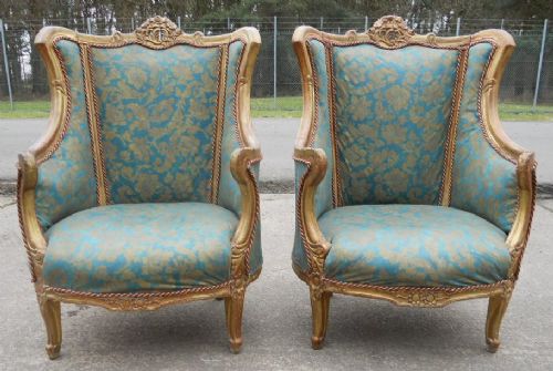 Pair Gilt Framed Upholstered Tub Armchairs