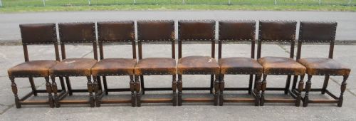 Set of Eight Cromwellian Style Leather & Oak Dining Chairs