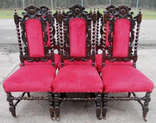 Set of Six Victorian Carved Oak & Walnut Highback Dining Chairs
