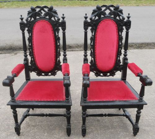 Pair Victorian Heavily Carved Throne Armchairs