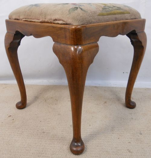 Georgian Style Walnut Cabriole Leg Upholstered Stool
