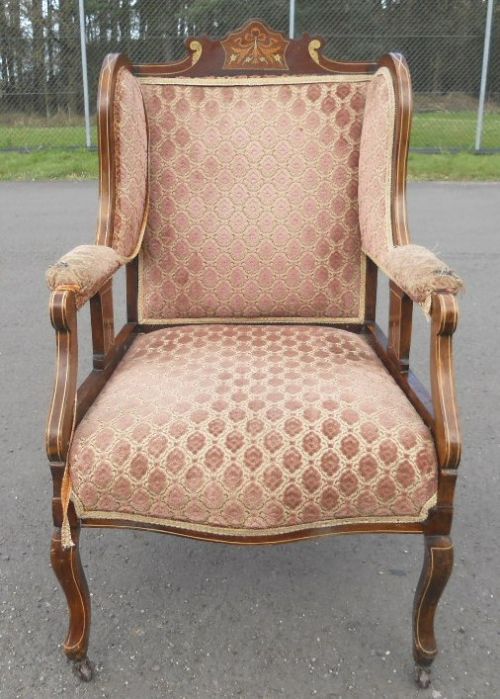 fig 1. Edwardian Inlaid Mahogany Framed Upholstered Wingback Salon Armchair