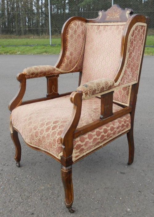 Edwardian Inlaid Mahogany Framed Upholstered Wingback Salon Armchair