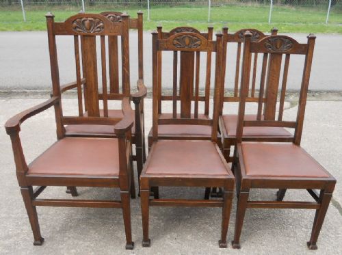 Set of Six Art Nouveau Oak Highback Dining Chairs