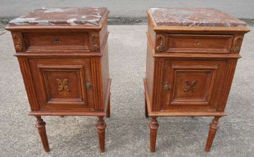 Pair of Marble Top Carved Walnut Bedside Cabinets