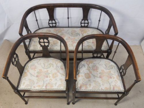 Edwardian Inlaid Mahogany Three Piece Tub Shaped Drawing Room Suite