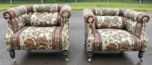 Pair Edwardian Upholstered Low Tub Armchairs