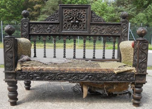 fig 1. Victorian Oak Settee Bench Seat with Erotic Carved Phallus Design to Centre Panel