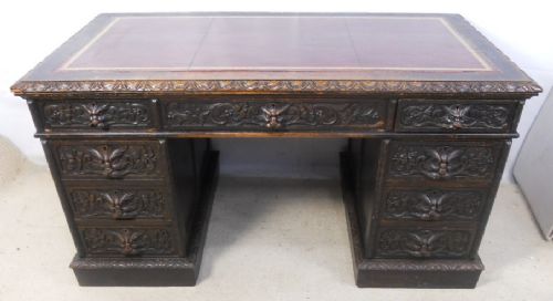 Victorian Heavily Carved Oak Pedestal Writing Desk