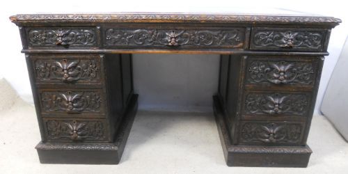 fig 1. Victorian Heavily Carved Oak Pedestal Writing Desk
