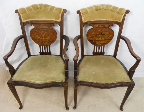 Pair Edwardian Inlaid Mahogany Salon Armchairs