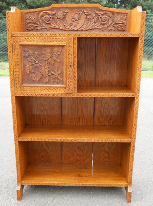 Victorian Golden Oak Heavily Carved Open Bookcase