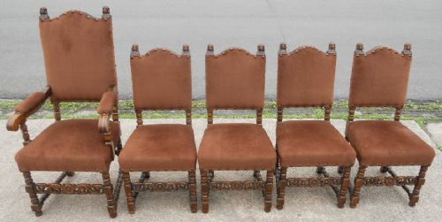 Set of Five Victorian Carved Oak Dining Chairs