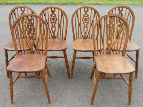 Set of Six Elm Wheelback Kitchen Chairs