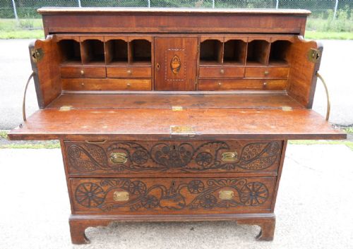 Georgian Carved Oak Secretaire Chest Drawers with King Richard Side Carving