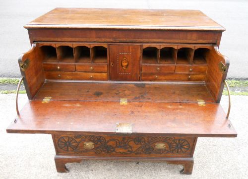 fig 1. Georgian Carved Oak Secretaire Chest Drawers with King Richard Side Carving