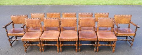 fig 1. Set of Twelve Cromwellian Style Leather & Oak Dining Chairs