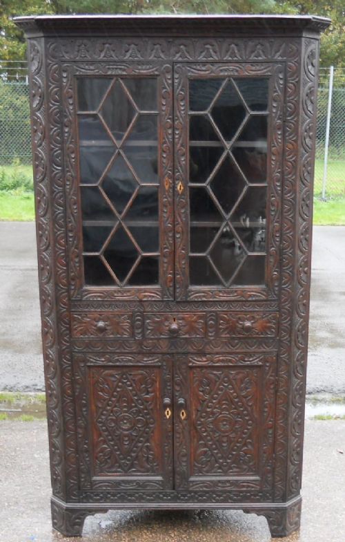 Georgian Carved Oak Large Corner Display Cabinet
