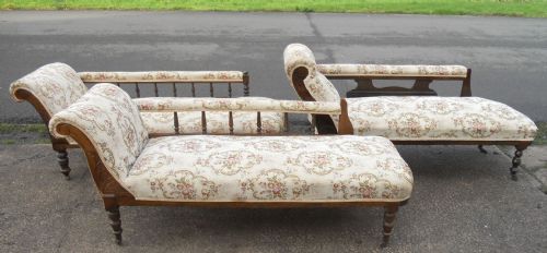 Three Edwardian Walnut Framed Upholstered Chaise Longue