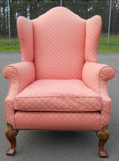 Queen Anne Style Walnut Framed Upholstered Wingback Fireside Armchair