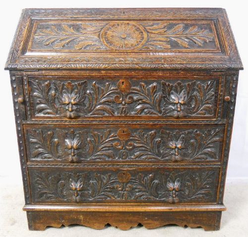 Victorian Heavily Carved Dark Oak Writing Bureau