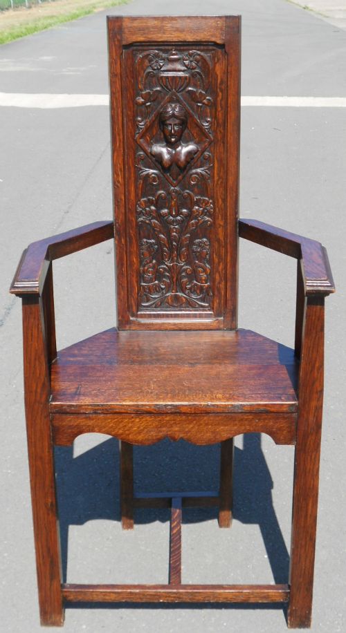 Edwardian Heavily Carved Oak Hall Armchair