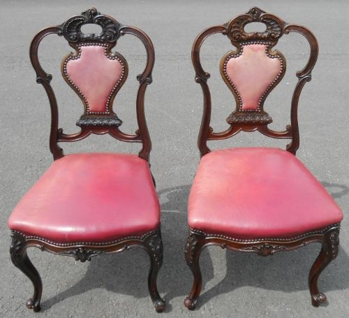 Pair Victorian Walnut Leather Seated Salon Dining Chairs