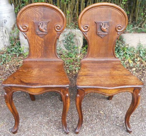 Pair Victorian Oak Hall Chairs