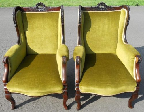 Pair Edwardian Mahogany Framed Upholstered Fireside Armchairs