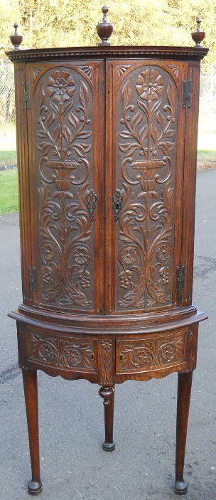 Victorian Carved Oak Bowfront Standing Corner Cupboard