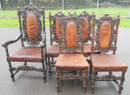 Set of Five Victorian Heavily Carved Oak Dining Chairs