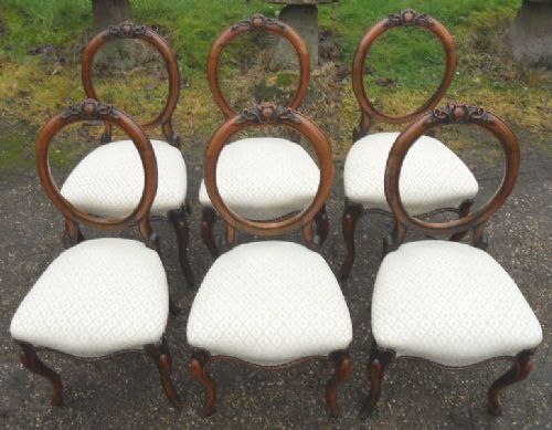 Set of Six Victorian Walnut Cabriole Leg Balloon Back Dining Chairs