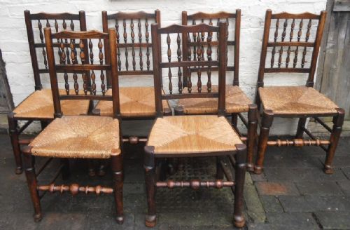 Six Antique Elm Spindleback Rush Seat Dining Chairs