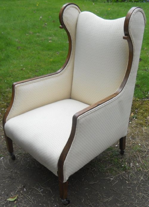 Edwardian Inlaid Mahogany Upholstered Wingback Armchair