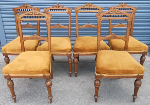 Set of Six Victorian Gothic Oak Dining Chairs