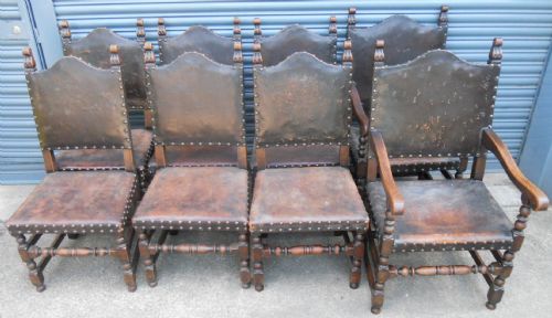 Set of Eight Cromwellian Style Oak & Leather Dining Chairs