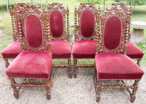 Set of Six Victorian Carved Oak Dining Chairs