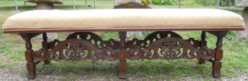 Long Carved Oak Upholstered Seat
